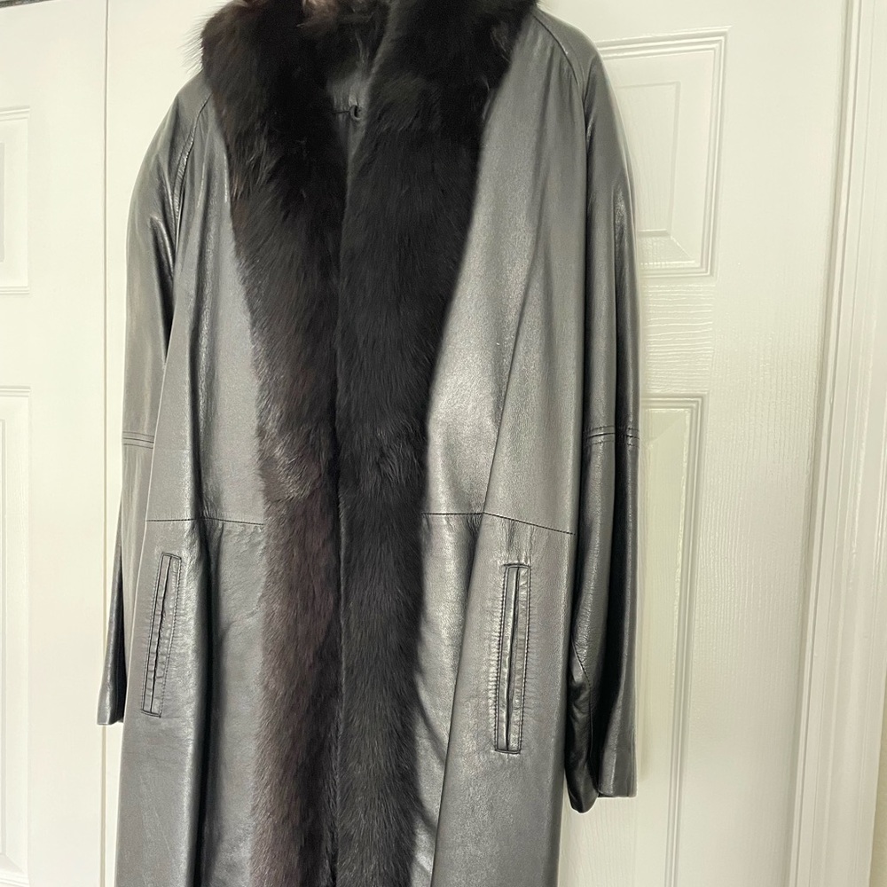 Black Leather and Fur Maxi Coat